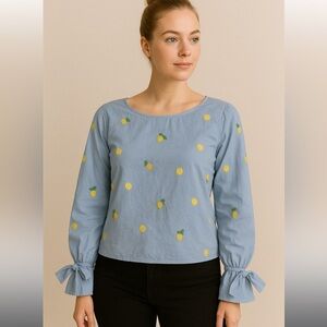 nwt lemon embroidered long sleeve blue bow blouse Anthropologie style spring